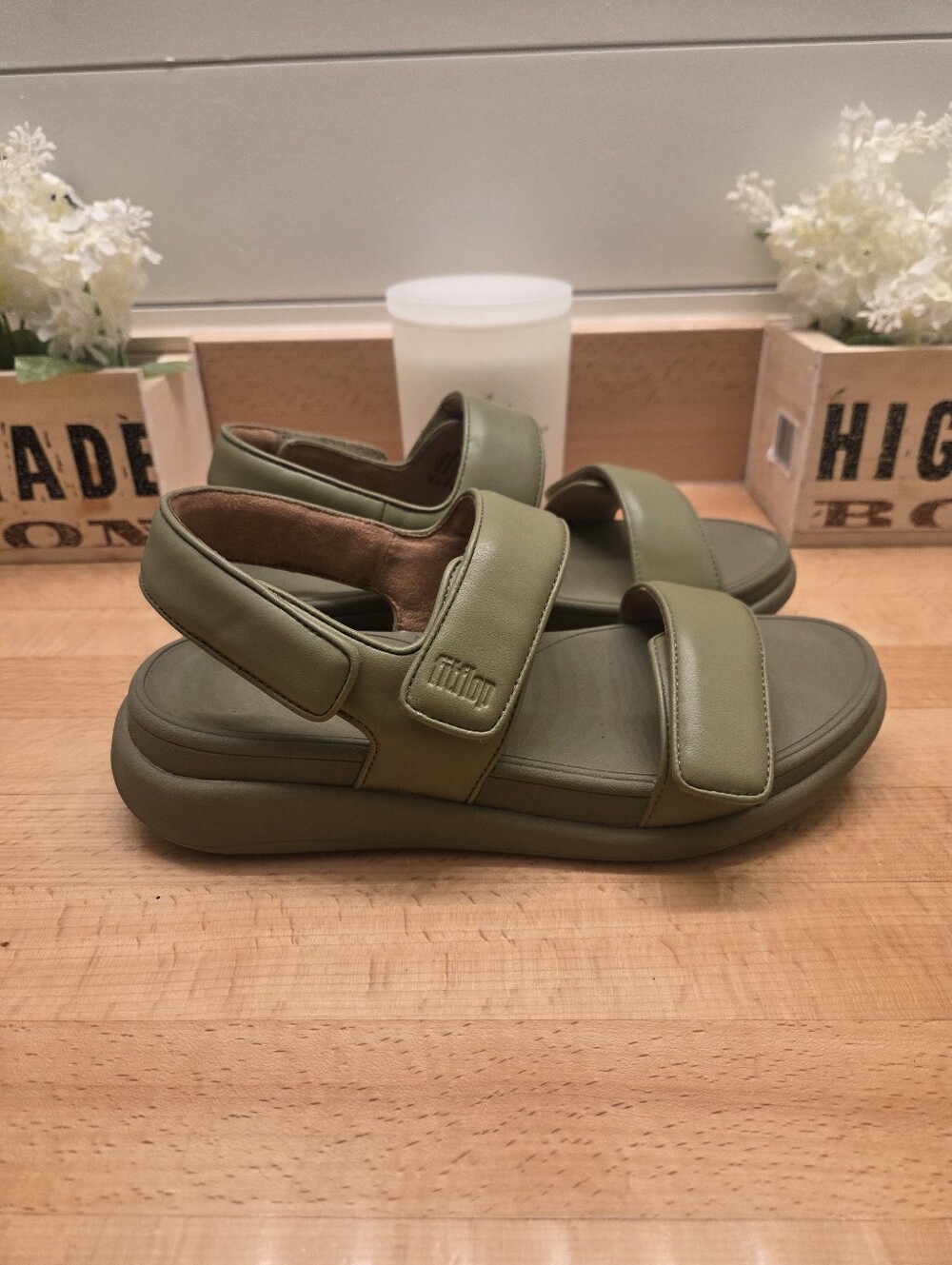 FitFlop F-Mode Adjustable Flatform Sandals Olive Green Women's Size 8